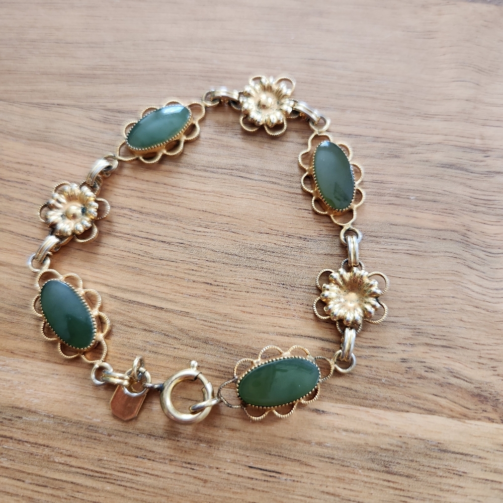 Karen Lynne Gold and Green Jade Floral Link Bracelet